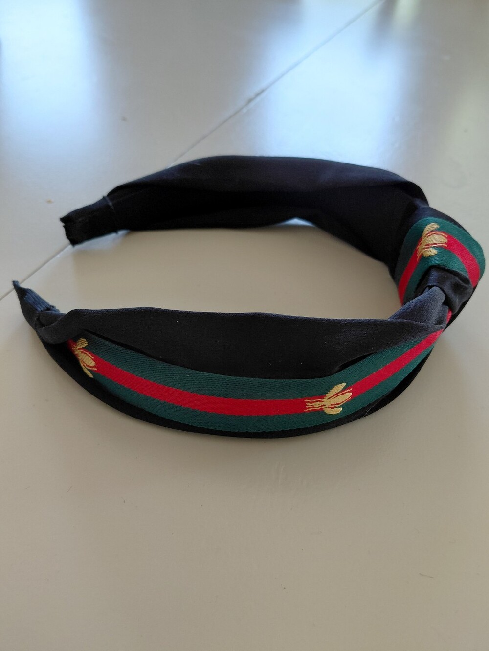 Silk-Inspired Knot Headband with Green & Red Stripes with gold bee